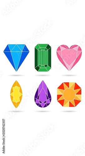 Colorful Faceted Gemstone Icons Arranged on Clean White Background