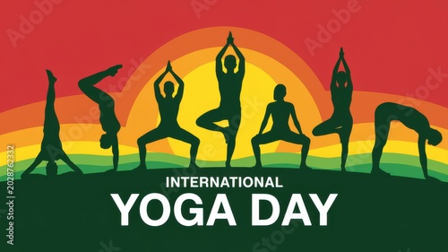 International Yoga Day with silhouettes of people practicing yoga poses on a colorful gradient background