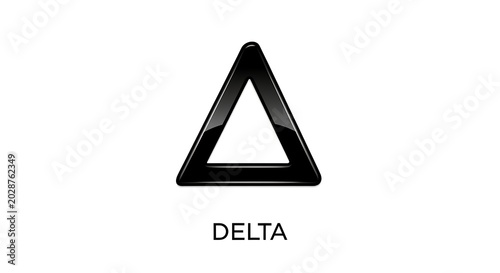Glossy Black Triangle Symbol Centered on White Background with Delta Text