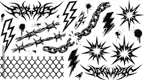 Принти на полотні Black metal style neo tribal elements set with barbed wire broken chains lightni