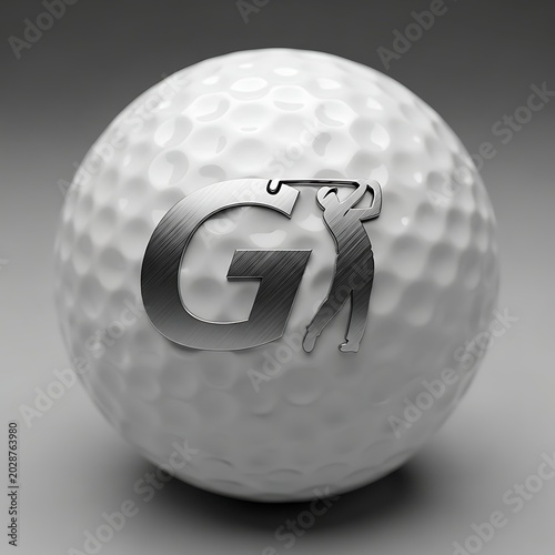 White Dimpled Golf Ball with Metallic Golfer Emblem on Gray Studio Background