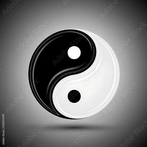 Glossy Black and White Yin Yang Symbol Floating on Gray Background
