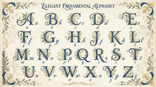 Ornate Calligraphic Alphabet with Elegant Floral Embellishments, a Complete Set of Decorative Vintage Letters for Design Projects