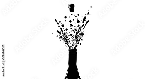 Tableau sur toile Black silhouette of champagne bottle exploding with splashes and droplets on whi