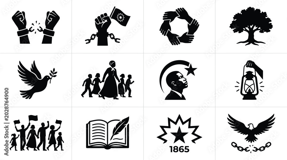 Fototapeta premium Juneteenth celebration icons set black silhouettes on white background freedom and emancipation symbols 1865 abolition of slavery african american culture