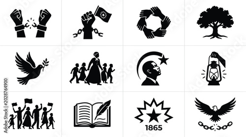 Tableau sur toile Juneteenth celebration icons set black silhouettes on white background freedom a