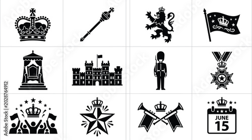 Canvas Print King's birthday celebration silhouette icons set royal crown flag lion castle