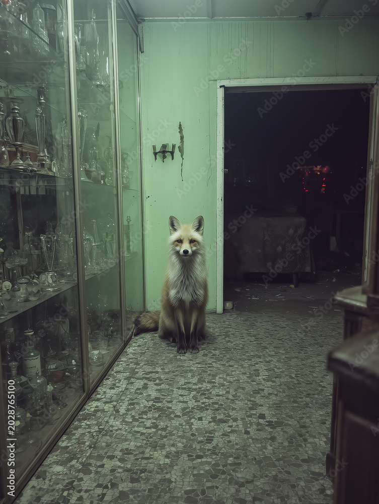 Obraz premium Red fox sitting on a tiled floor in an abandoned green-walled room beside dusty glass display cabinets and a dark open doorway