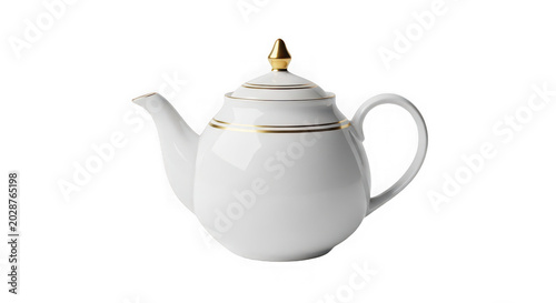 Elegant white porcelain teapot with gold trim isolated on transparent background