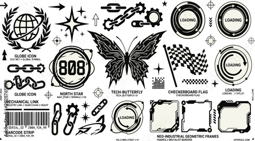 Schilderij op canvas Futuristic cyber punk streetwear graphic design elements kit featuring tech butt