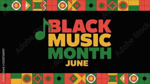 Black Music Month June celebration banner with African pattern border on black background