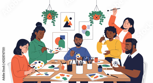 Diverse group of people enjoying a creative art class together.