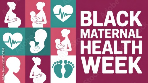 Black Maternal Health Week graphic with pregnant woman, baby, heart, and footprint icons
