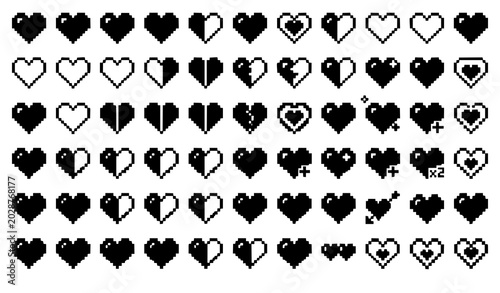 Photos Retro 8bit pixel heart mega collection with massive game life status icons and b