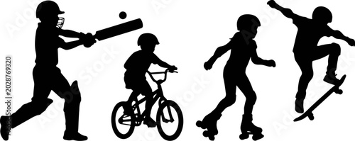 kids outdoor sports silhouette vector set with cricket bicycle roller skating and skateboarding