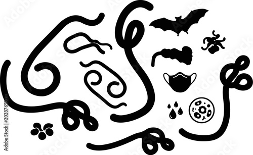 ebola virus micro organism medical silhouette set with bat face mask and cells vector
