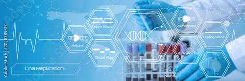 Foto Illustrative depiction of DNA replication process with labeled molecular compone
