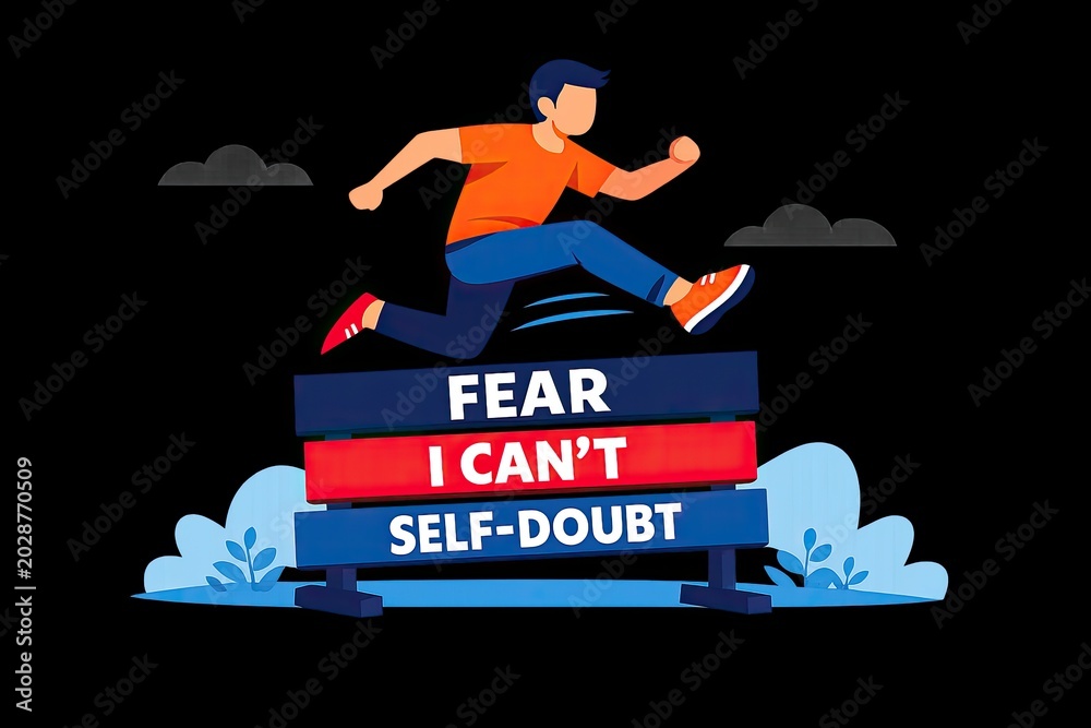 Naklejka premium A person overcoming self-doubt, represented by a humorous obstacle