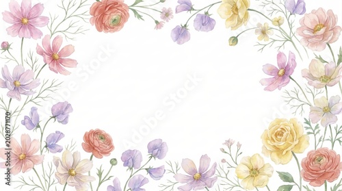 Delicate Watercolor Floral Frame with Pastel Wildflowers on White Background for Cards