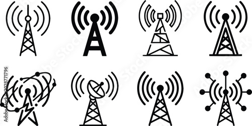 Tableau sur toile Radio tower signal icon set showing broadcast antenna wireless communication tel