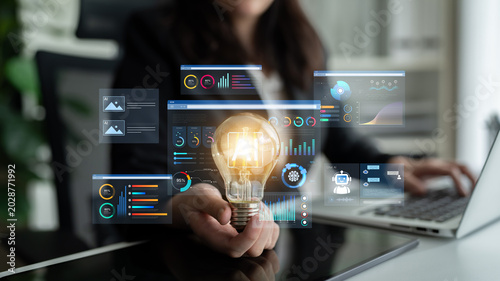 Canvas Print AI business intelligence interface featuring real-time AI data visualization, predictive AI model graphs, and automated report tools driven by AI artificial intelligence for business solution