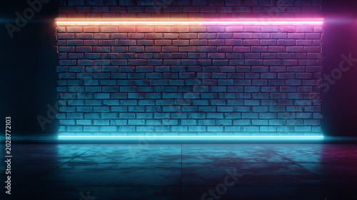 A brick wall illuminated by vibrant neon lights, casting a futuristic glow on a glossy floor in a dark, atmospheric setting.