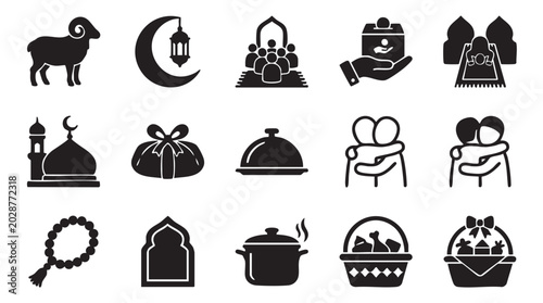 Ramadan kareem icons set symbols for islamic celebrations and traditions