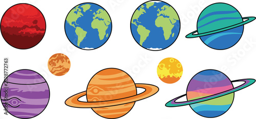 Canvastavla Colorful Solar System and Planet Icon Set Featuring Earth, Mars, Jupiter, Saturn