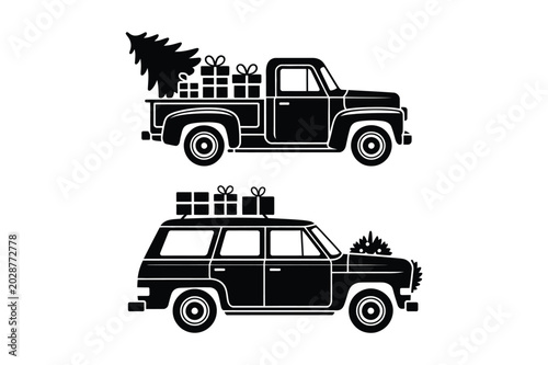 Billede på lærred Vintage truck and station wagon carrying christmas gifts and tree with christmas