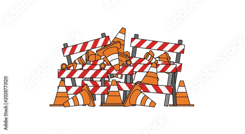 Slika na platnu Construction Site Barriers and Traffic Cones Pile Up