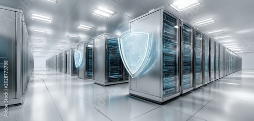Glowing digital shield inside modern data center representing cybersecurity protection secure infrastructure enterprise resilience and advanced data security solutions