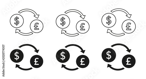 Photos Outline and solid icons representing currency conversion between US dollar and B