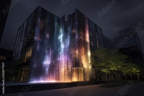 Modern building facade illuminated with colorful light display at night