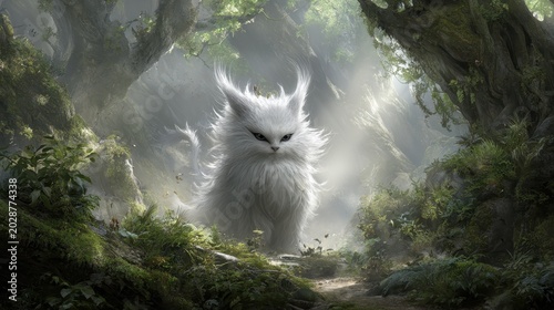 Majestic mythical creature in enchanted forest with ancient trees and lush greenery