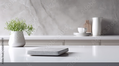 Minimalist Modern Kitchen Counter with Plant, Book, and Teaware Decor