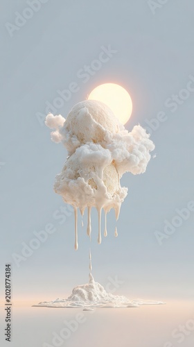 Surreal Ice Cream Explosion with Dripping Effect and Glowing Sun