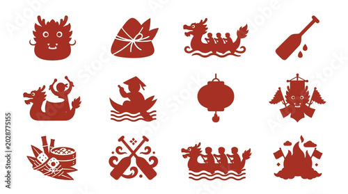 Foto Dragon boat festival icons set red symbols on white background cultural celebrat