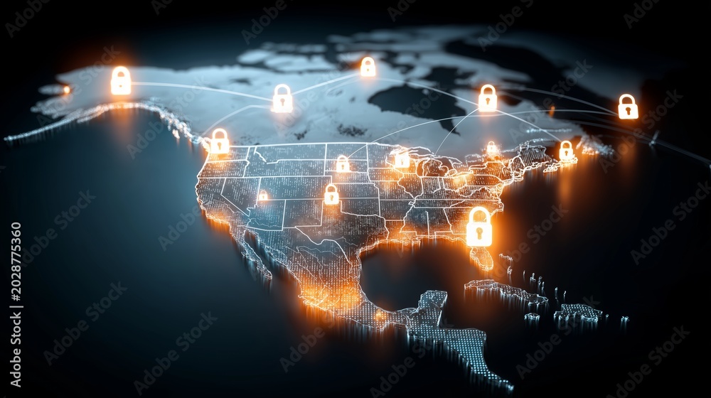 Obraz premium North America Digital Map with Cybersecurity Locks Representing International Data Protection Secure Connectivity and Advanced Global Network Security Infrastructure Systems