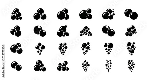 Photography Collection of black bubble icons representing clusters and groups of spheres in