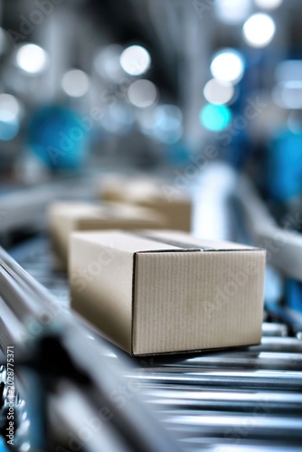 Cardboard Boxes Moving on Conveyor Belt in Warehouse Setting During Daytime