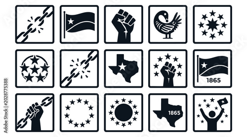 Принти на полотні Juneteenth icons in grid black and white symbols for freedom emancipation and af