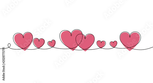 Фотография Continuous one line drawing of multiple stylized pink hearts, symbolizing love,