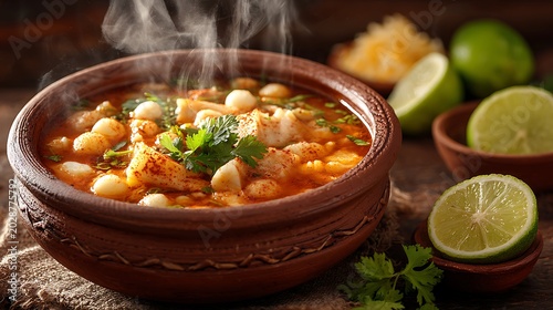 Close-up of a steaming, vibrant bowl of traditional stew with garnishes and side limes