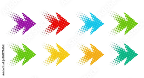A vibrant collection of dynamically styled arrows in various hues, each featuring a unique pixelated or dotted texture to convey speed and forward motion, perfect for modern digital design elements 