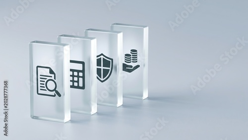 Frosted glass dominoes illustrating financial underwriting, actuarial risk analysis, and corporate insurance on pale slate grey.