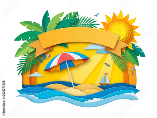 Colorful Summertime Beach Vacation Banner With Paper Cut Ocean Waves And Tropical Leaves