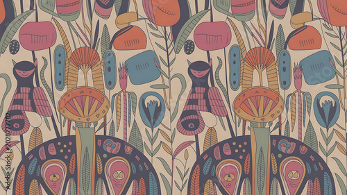 Stylized floral and leaf patterns in warm tones, creating a vibrant and decorative textile design.