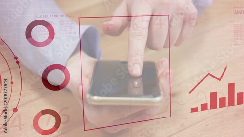 Person's hands holding smartphone, finger touching screen, HUD overlays appearing, visualizing data