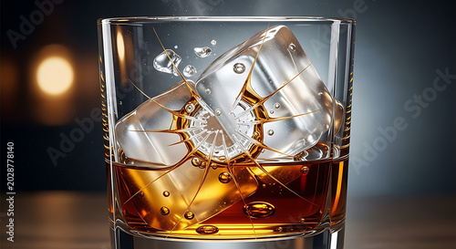 Whiskey with ice cubes in a glass on a table