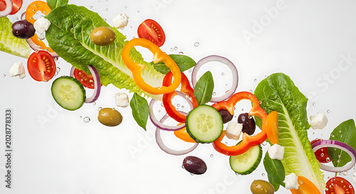 Fresh vegetable salad ingredients flying in air
